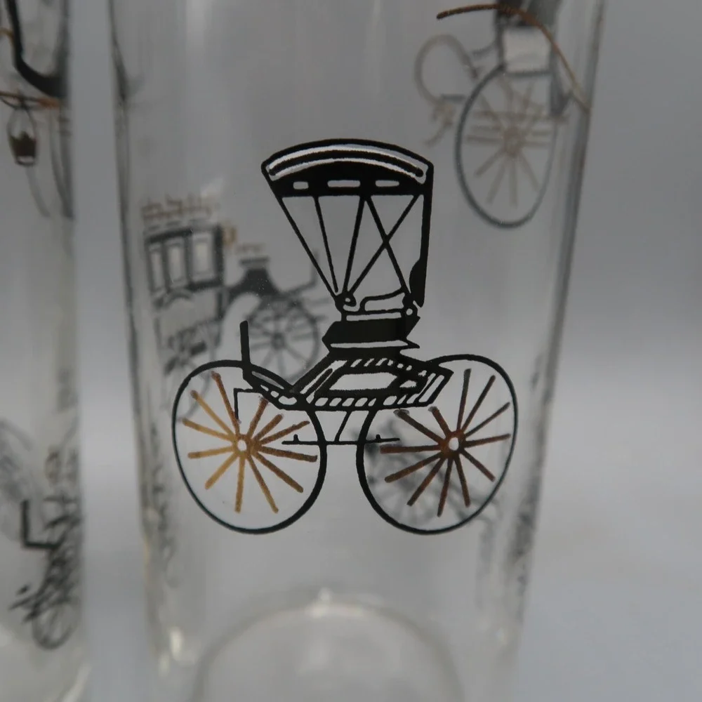 5 Vintage Libbey Black‎ Gold Carriage Drinking Glasses Highball Bar Tom Collins